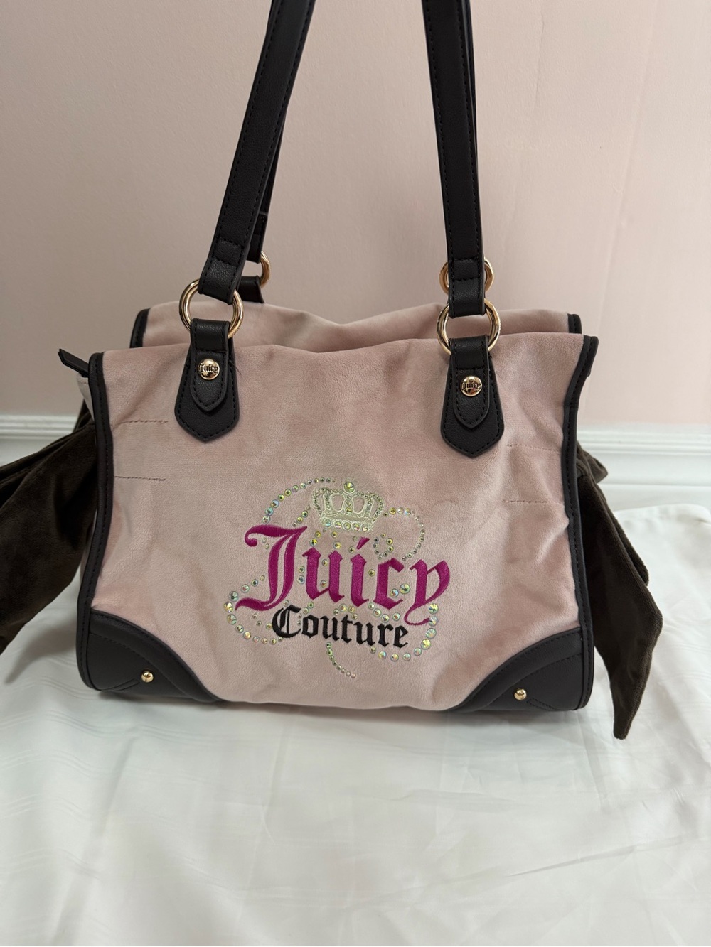 Juicy Couture Pink Suede Shoulder Bag with Black Trim